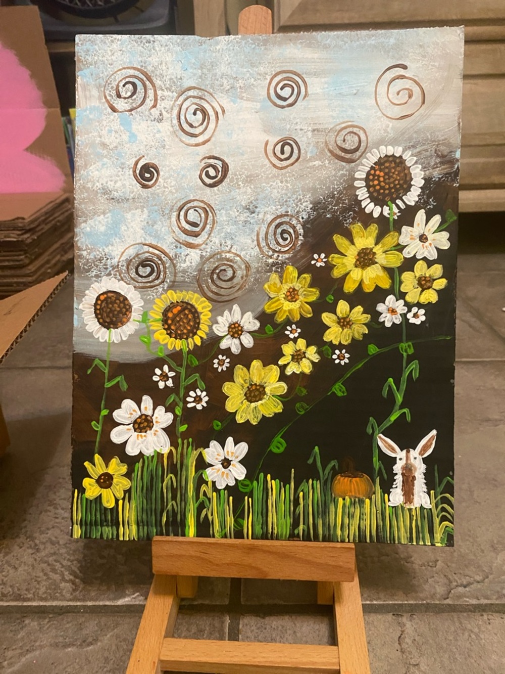 Hand-Painted Yellow & White Floral cardboard  Art - Home Art